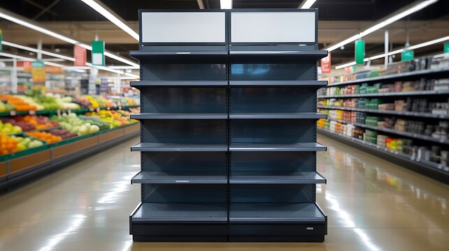 Empty supermarket shelf display in grocery store aisle with retail interior and product placement concept