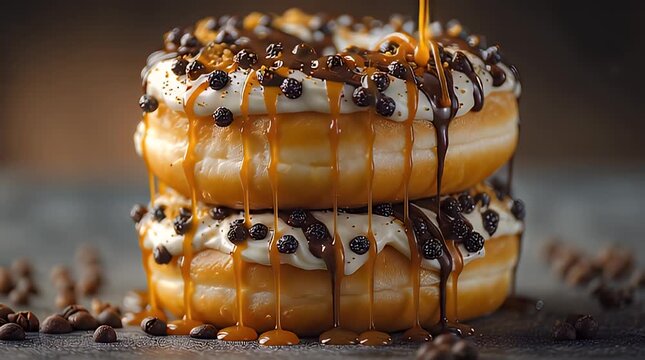 A stack of glazed, sugared confections dripping with various sauces and speckled with chocolate pieces on a dark surface