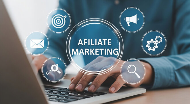 Affiliate Marketing Dynamics: A dynamic image showcasing affiliate marketing concepts, where hands actively engage with a laptop keyboard.