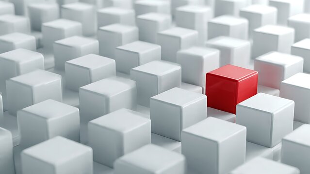 A striking red cube prominently stands out amidst a vast grid of identical white blocks, symbolizing individuality, difference, and unique perspective in a homogeneous environment