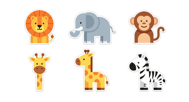 Cartoon animals including a lion elephant monkey giraffe and zebra