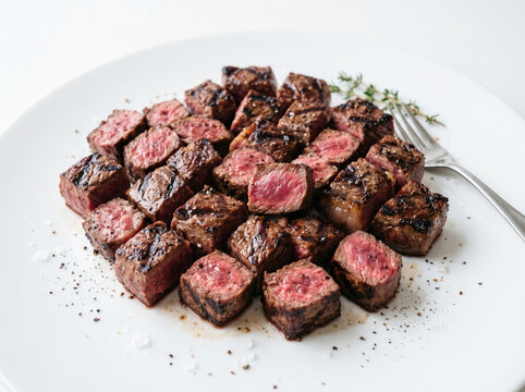 Sliced medium rare steak pieces, showcasing grilled beef cubes on a white background.