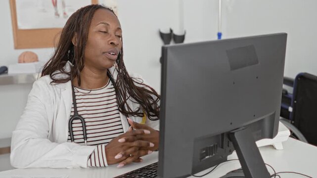 Woman doctor with stethoscope at computer, hands clasped and gesturing while seated in a building clinic, eyes closed in one frame; thoughtful patient care.