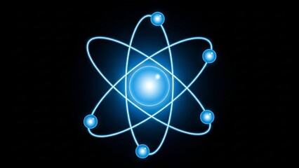 Abstract Atom Model with Glowing Orbits and Electrons on Black Background, Science Concept