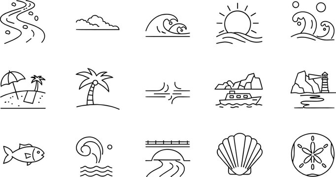 Coastal landscape and nautical navigation icon set with ocean and lighthouse symbols