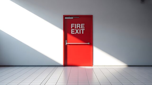 Red fire exit door with bold emergency sign illuminated by sunlight in minimal interior safety concept