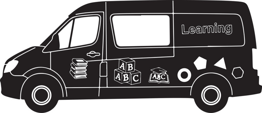 Black school van, learning vehicle, educational transport, kid's alphabet illustration