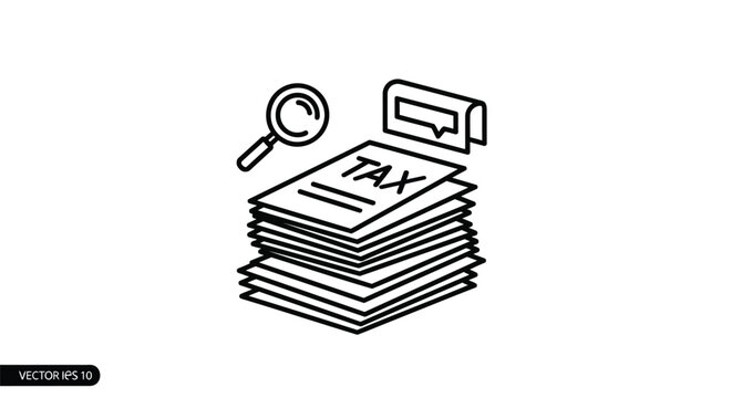 Stack of documents, paperwork, files, and search icon, business concept, office supplies