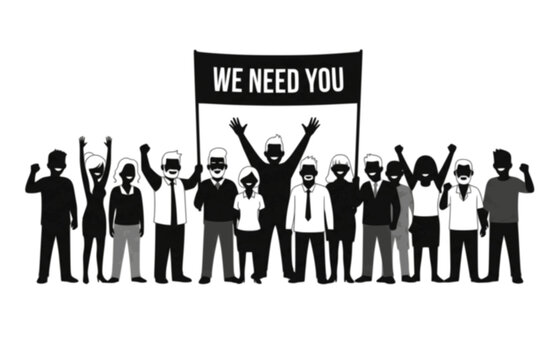 Cartoon People Holding We Need You Banner Silhouette. Black Vector Silhouette of Diverse Group for Recruitment and New Vacancy Concept.