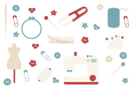 Set of sewing kit equipment flat design, flat style Ilustration. 