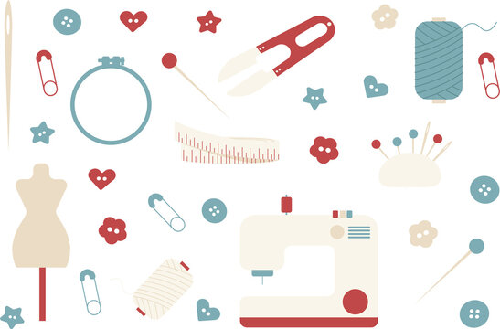 Set of sewing kit equipment flat design, flat style Ilustration. 