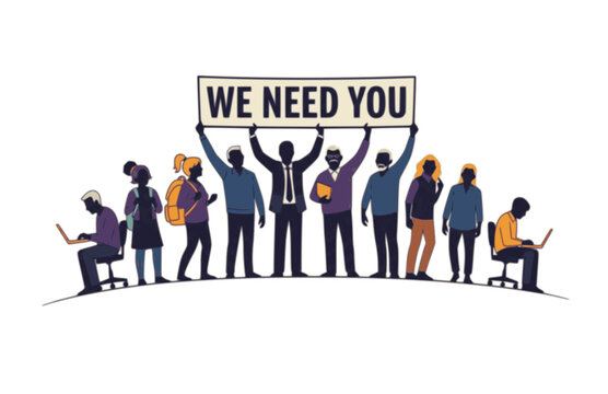 Cartoon People Holding We Need You Banner Silhouette. Black Vector Silhouette of Diverse Group for Recruitment and New Vacancy Concept.