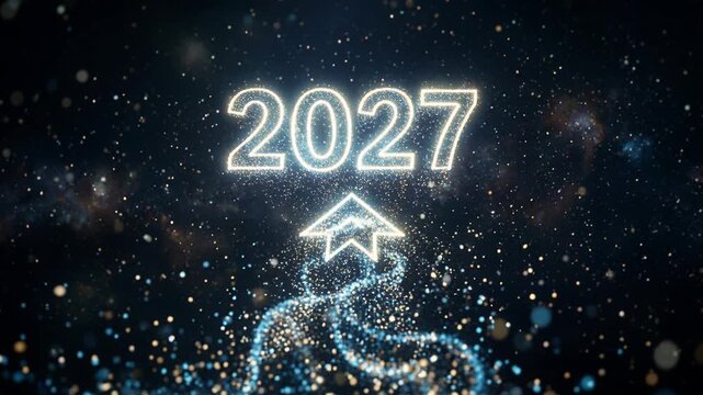 Glowing 2027 text with upward arrow in space. Particle stream rising towards neon number. Concept of growth and progress for New Year celebration digital motion.
