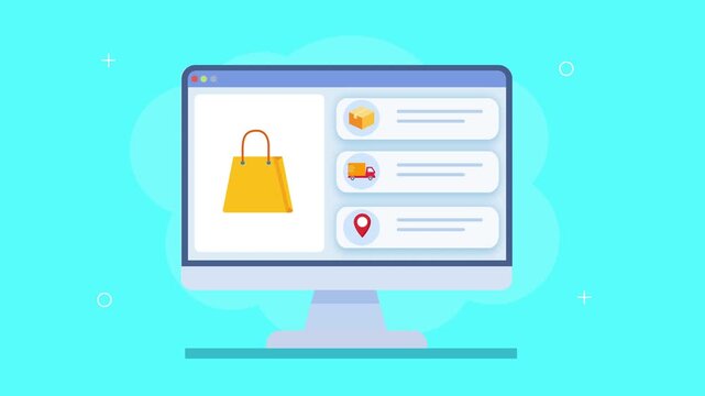 Flat vector animation of an ecommerce dashboard with shopping bag icon, order list, delivery tracking, and user interface elements, representing online shopping and order management.