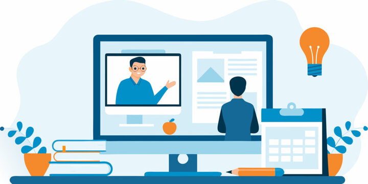 Online learning session featuring a teacher and a student with study materials