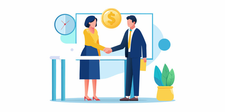 Business professionals shaking hands finalizing a deal with a clock nearby