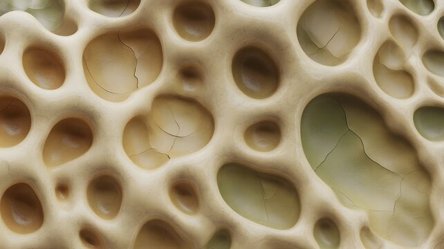 Close-up of a beige porous material with numerous oval and circular holes of various sizes, resembling a sponge or foam texture