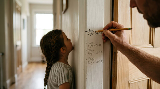 Hand marking height on wall, child growth chart in home hallway, father and daughter, family memory, indoor portrait