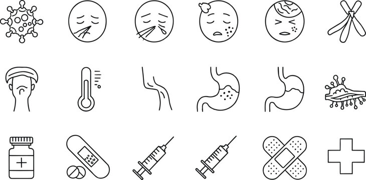 Flat medical icon vector set with vibrant health symbols and sickness symptoms for professional healthcare app design