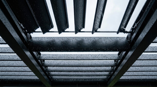 Automated louvered pergola roof with rain droplets and open slat pattern, modern outdoor structure for patio shade and weather protection