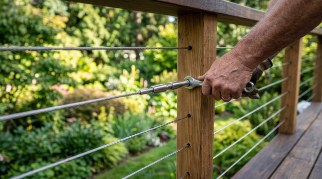 Hand installing stainless steel cable railing on wooden deck outdoors, close up of manual tensioning