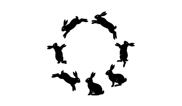 Easter bunny silhouette collection in circular layout with jumping rabbit poses for greeting card and festive design