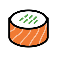 A single, delicious sushi maki roll with salmon and green toppings, representing Japanese cuisine. © RafiaStock