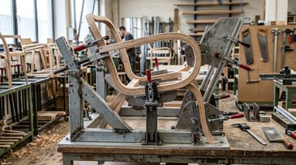 Fototapeta premium Bentwood chair frame in workshop wood bending jig furniture making process handcrafted chair wooden frame carpentry shop workshop interior clamping tool joinery craft furniture production