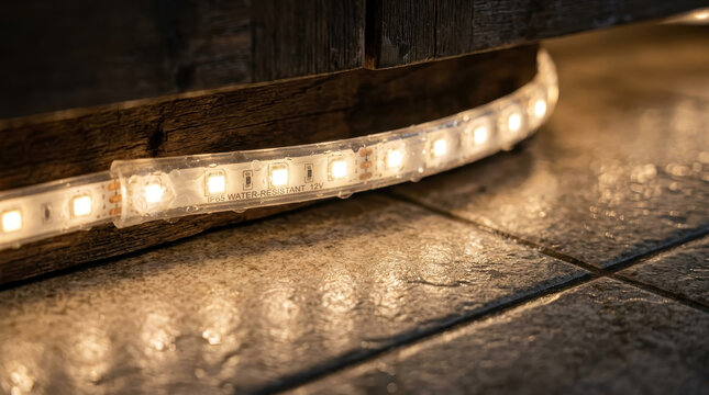 Water resistant led strip light on stone floor, warm glow under wood surface, close up detail of flexible illumination