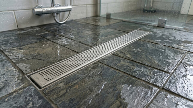 Linear drain walk in shower bathroom floor stone tile wet surface modern design stainless steel drainage grate shower stall interior