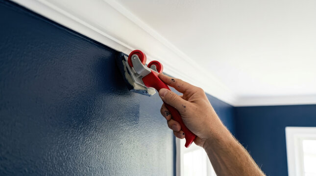 Painting wall edge hand paint edger tool blue wall home improvement interior renovation trim ceiling close up