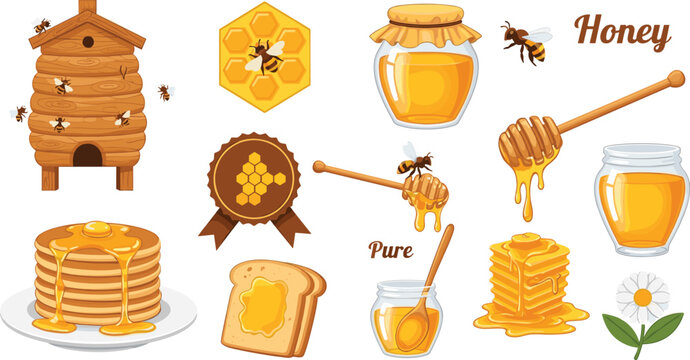 Honey and Beekeeping Illustration Set with Hive, Bees, Honeycomb, Pancakes, and Jars Representing Natural Sweet Food and Apiculture in Vector Design