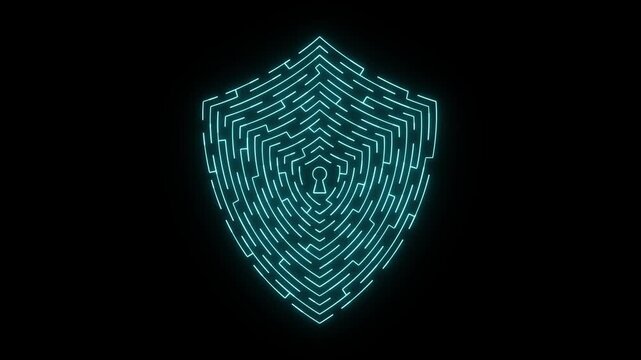 Cyber security concept. Shield With Keyhole icon on digital data background. Illustrates cyber data security or information privacy idea. Blue abstract hi speed internet technology.
