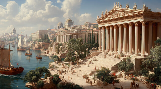Ancient Rome Harbor Scene With Grand Temple, Marble Columns, Sailboats and Bustling Classical City Life