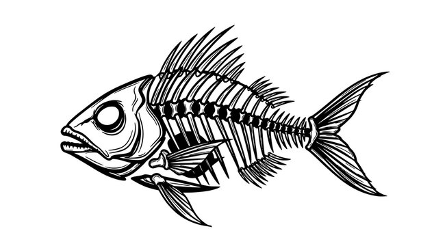 Creative black fish skeleton vector illustration with stylized anatomical bones for artistic and decorative design use
