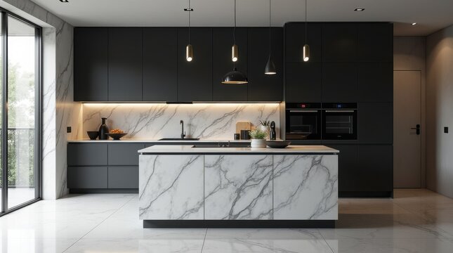 Interior de cocina con isla de m&aacute;rmol, armarios negros mate y electrodom&eacute;sticos integrados