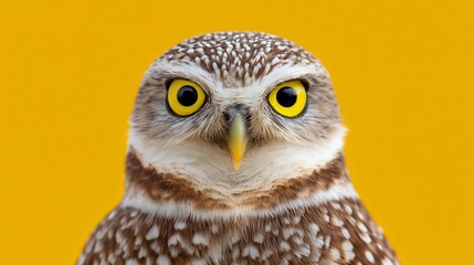 Fototapeta premium Burrowing owl with distinctive yellow eyes and spotted feathers against a bright yellow background, showcasing its unique facial features and vibrant coloration