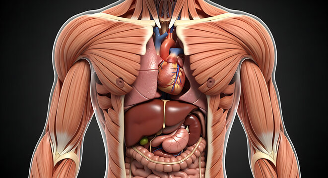 A detailed illustration of the human body's muscular and internal systems