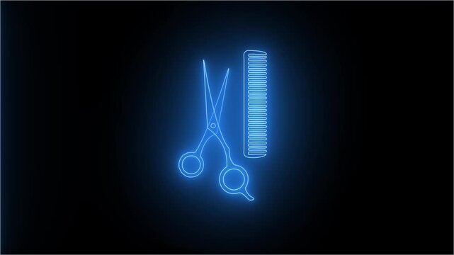 Stylish equipment table with scissors and trimmers and dark scull at the barber shop, making of haircuts, straight razor neon, shaving salon and barber shop.