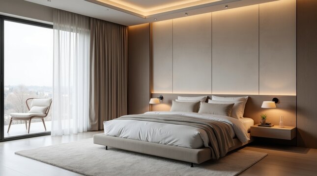 Interior de dormitorio moderno, cama plataforma tama&ntilde;o King, ropa de cama de lino suave, ventana del suelo al techo