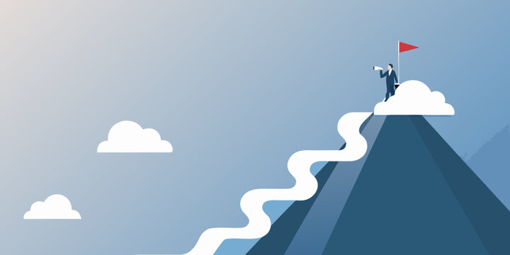 A businessperson announces success from a cloud topped winding path