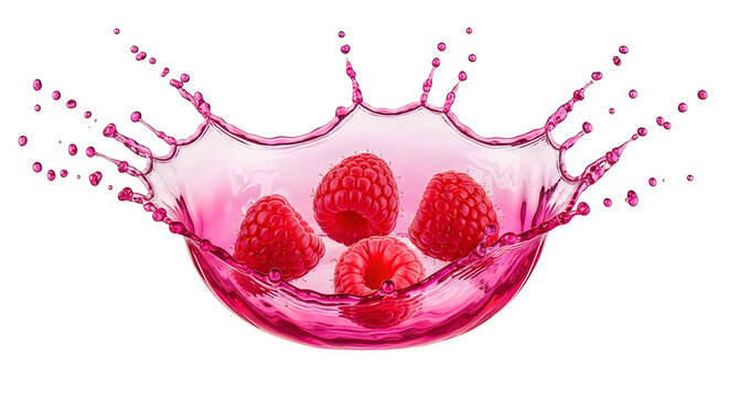 Raspberries splashing into pink liquid, isolated on white