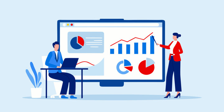 Team analyzing data and presenting results on a large computer screen