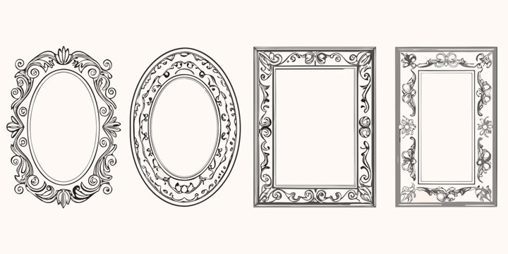 Four decorative frame sketches arranged on a light beige background