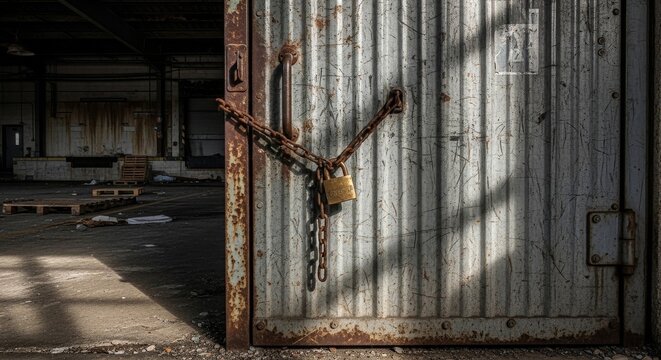 Heavy corrugated metal door with rusty chains and lock