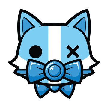 Cute blue cartoon fox face, vector illustration, bow tie, emoticon