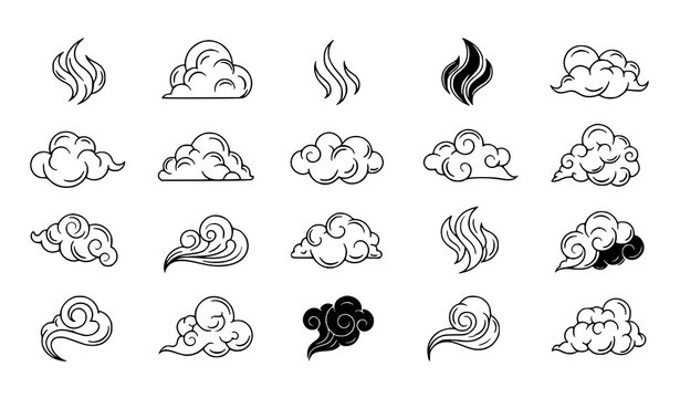 Black and white cloud and smoke vapor vector set with stylized steam and mist elements for design and UI graphics