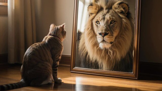 Cat looking at its reflection showing a lion in a mirror symbolizing confidence and inner strength