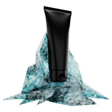 Black cosmetic tube on blue snow ice