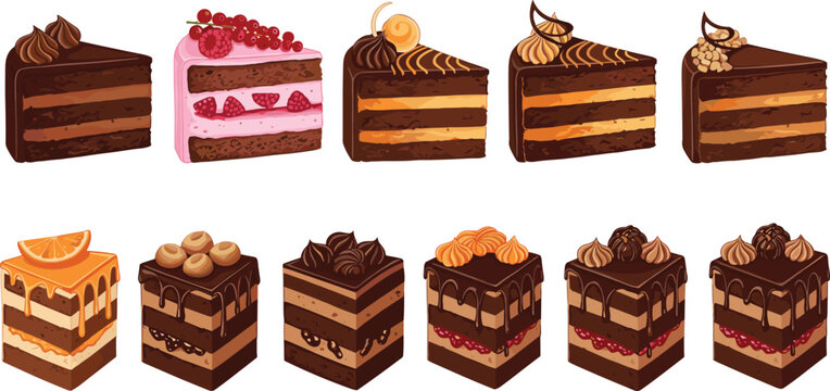 Assorted Cake Slice Collection with Chocolate, Fruit, and Cream Layers Representing Dessert Variety, Bakery Products, and Sweet Treats in Vector Illustration